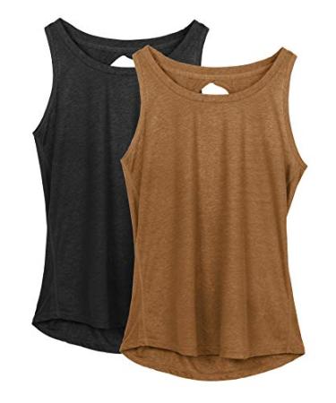 icyzone Yoga Tops Activewear Workout Clothes Open Back Fitness Racerback Tank Tops for Women Medium Black/Golden Brown