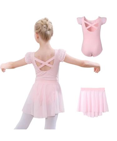 DIPUG Ballet Leotards for Girls Dance Leotard Combo Toddler Removable Dance Skirt Double sleeve 4-6 Years Pink-double Sleeve