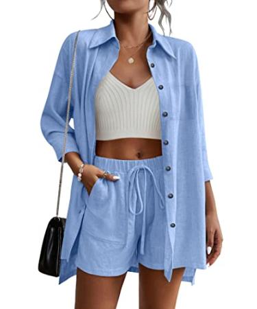 Beyove Women's Cotton Linen Set Casual Tracksuit Button Down 3/4 Sleeve Shirt Drawstring Shorts Pockets 2 Piece Lounge Set Medium Clear Blue