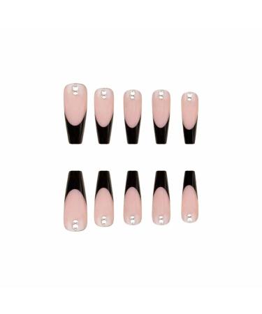 Foccna Long Press Black Coffin French Fake Nails with Rhinestones 24PCS - Full Cover Acrylic False Nails for Women and Girls - Buy Online on GoSupps.com