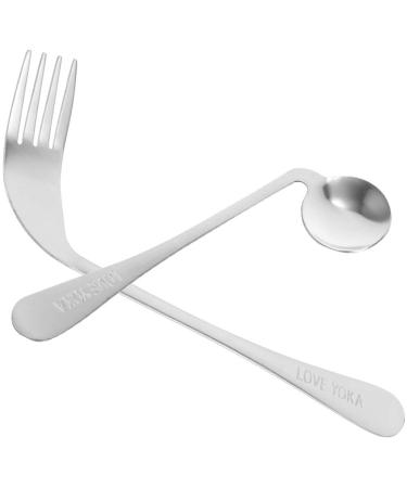 Rehabilitation Aid Spoon Adaptive Utensils Set Left Handed Grip Easy Spoon and Fork Set Stainless Steel Curved Spoon Fork Self Feeding Utensil for Disabled Elderly Patients Silver-2