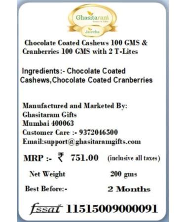 Jaiccha Ghasitaram Diwali Gifts Chocolate - Chocolate Coated Cashews 100 GMS and Cranberries 100 GMS with 2 T-Lites - Buy Online on GoSupps.com