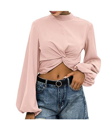 Crop Tops for Women Sexy Turtleneck Lantern Long Sleeve Twist Blouse Slim Fit Exposing Navel Tee Shirts Pink Medium