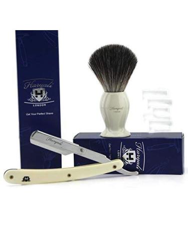 3 piece men's shaving brush set in ivory. Black badger hair shaving brush barber style razor