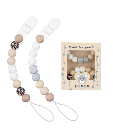 Pacifier Clip for Baby Boys Girls Silicone Beads Pack of 2 Soft Flexible Binky Clips (Beige+Leopard Print)