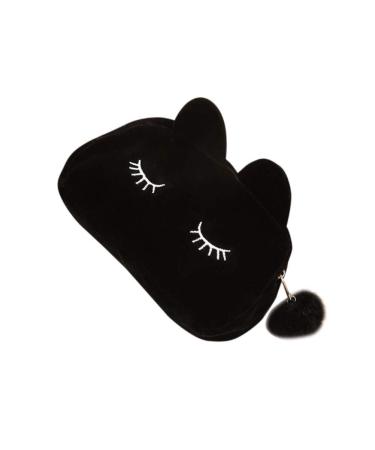Haodou Flannel Cosmetic Bag Portable Women Cute Cat Zipper Handbag Purse Pencil Case 19x12x5cm (Black)