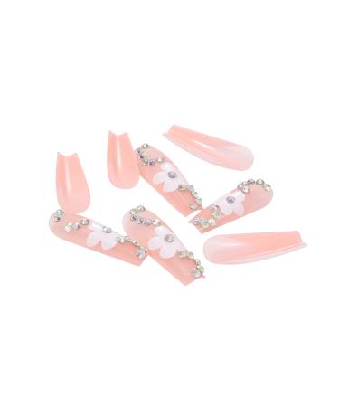 Brishow Pink Artificial Long French Press On Nails with Crystal Flower - 24 Ballerina Acrylic False Nails for Women & Girls - Buy Online on GoSupps.com