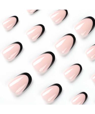 Foccna Black French Tip Fake Nails - Short Acrylic Full Cover Press-On Nails for Daily Wear | 24 Pcs Almond Design for Women & Girls - Buy Online on GoSupps.com