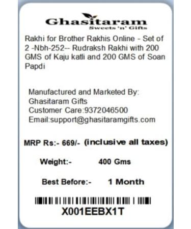 Ghasitaram Gifts Rakhi for Brother Rakhis Online - Set of 2 -Nbh-252- Rudraksh Rakhi with 200 GMS of Kaju katli and 200 GMS of Soan Papdi - Buy Online on GoSupps.com