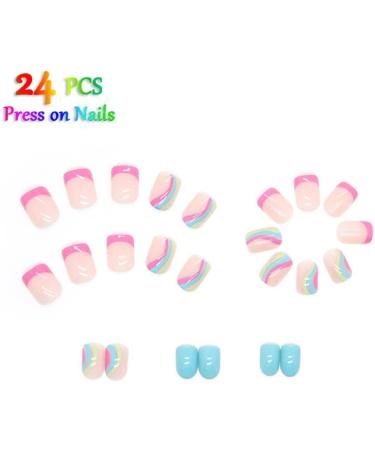 24Pcs Rainbow Swirl Short Square Press on Nails with Nail Glue - Glossy False Acrylic Nails for Women and Girls - Buy Online on GoSupps.com