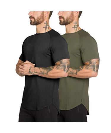 Mens Gym Workout Slim Fit Short Sleeve T-Shirt Cotton Performance Athletic Shirts Running Fitness Tee 2pack:army Green+black Large