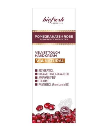 Biofresh cosmetics Via Natural hand cream velvety touch with pomegranate and rose, panthenol, resveratrol, anti-aging, hand cream 50 ml