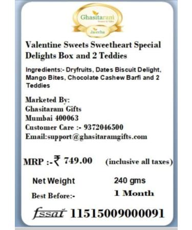 Ghasitaram Gifts Valentines Gift for Girlfriend/Boyfriend/Husband and Wife - Valentine Sweets Sweetheart Special Delights Box and 2 Teddies - Buy Online on GoSupps.com