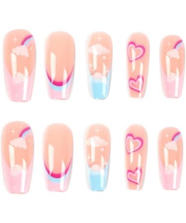 Justotry 24 pcs Cloud Fake Nails Long | Heart Rainbow French Press on Nails | Nude Ballerina Medium Stick on Nails for Women | Acrylic Coffin False Nails with Glue - Nail Art - Buy Online on GoSupps.com