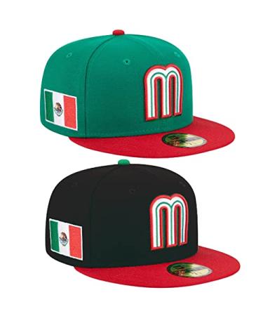 2PCS Mexico Baseball Hat - World Baseball Classic Hat - Mexico New Era Fitted Hat (Green+Black) 7 1/4