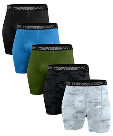 Holure Men's Performance Compression Shorts Athletic Running Underwear (3 or 4 or 5 Pack) 5 Pack:black/Camo Black/Camo White/Blue/Green Medium