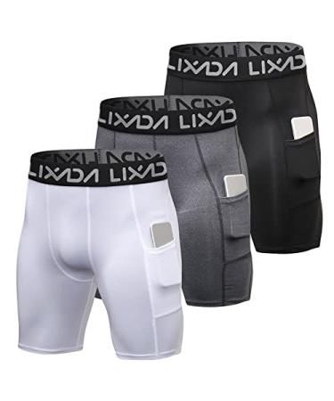Lixada Men's Elastic Shorts Pants Performance Sports Baselayer Cool Dry Tights Active Workout Underwear Large A-black&grey&white