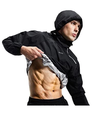 BVVU Sauna Suit for Men Women Zipper Sweat Sauna Jacket Pant Gym Workout Sweat Suits with Hood Slimming Training Bodyshaper 2pc-jacket&pants(black) X-Large
