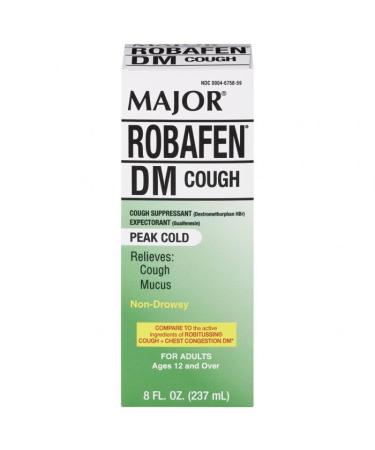 MAJOR Robafen DM Cough & Chest Congestion Cough Suppressant & Expectorant Dextromethorphan 20 mg/Guaifenesin 200 mg Raspberry Flavor Cough Syrup - 8 Fl Oz