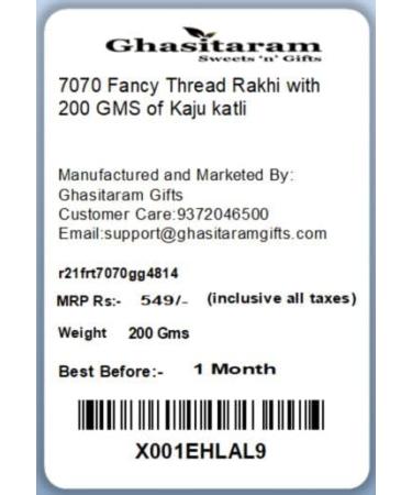 Ghasitaram Gifts Rakhi for Brother Rakhis Online - Set of 2-7070 Fancy Thread Rakhi with 200 GMS of Kaju katli - Buy Online on GoSupps.com