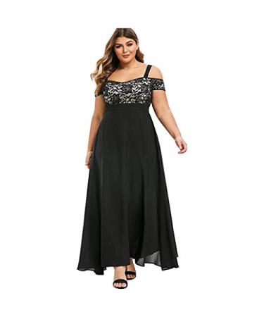 Plus Size Dresses For Women Wedding Guest Cold Shoulder Lace O-Neck Long Dress Short Sleeve Irregular Formal Dress A1-black X-Large