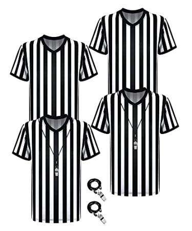 4 Pack Black White Stripe Referee Shirt with Whistle Official V-Neck Referee Large