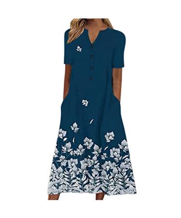Foldap Summer Dresses for Women 2023 Women's Boho Floral Dress O-Neck Short Sleeve Pocket Dress Casual Print Long Dresses X-Large A1-blue