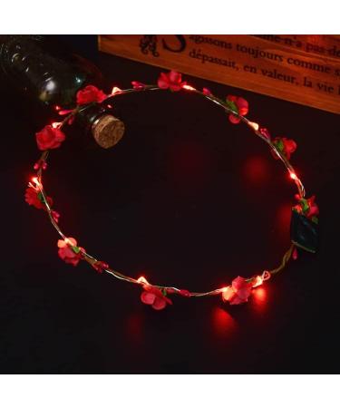 Led Light Women Flower Girl Headband Glow Blinking Crown Hair Wreath For Girls Women Wedding Festival Christmas New Year Party (Red)