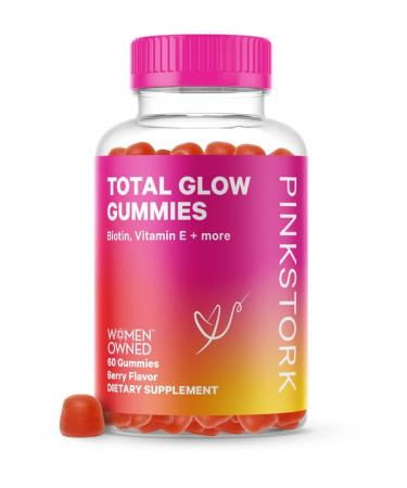 Pink Stork Total Glow Gummies: Biotin Vitamins for Hair Skin and Nails Added Vitamin A E Folate B6 and B12 for Hair Growth Radiant Skin and Nail Strengthening 60 Berry Biotin Gummies