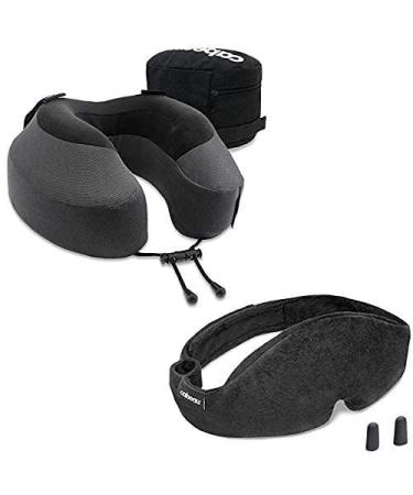 Cabeau Travel Neck Pillow and Eye Mask Set Memory Foam Neck and Head Support Pillow for Traveling Airplane Car Headrest Office Chair Blackout Sleep Mask for Home and Travel Sleeping Earplugs Inc