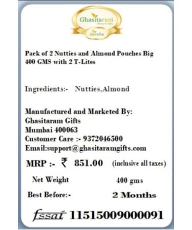 Jaiccha Ghasitaram Diwali Gifts Chocolate - Pack of 2 Nutties and Almond Pouches Big 400 GMS with 2 T-Lites - Buy Online on GoSupps.com