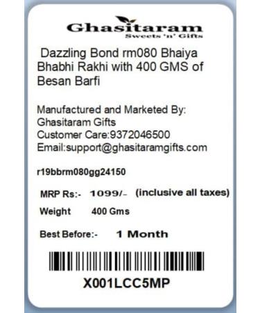 Ghasitaram Gifts Rakhis Online - Rakhi for Brother- Dazzling Bond rm080 Bhaiya Bhabhi Rakhi with 400 GMS of Besan Barfi Rakhi Set with 400 gms of Besan Barfi - Buy Online on GoSupps.com