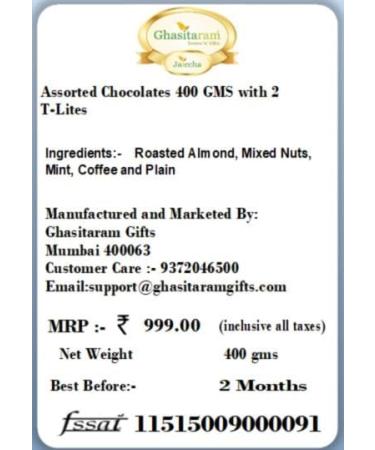 Jaiccha Ghasitaram Diwali Gifts Chocolate - Assorted Chocolates 400 GMS with 2 T-Lites - Buy Online on GoSupps.com