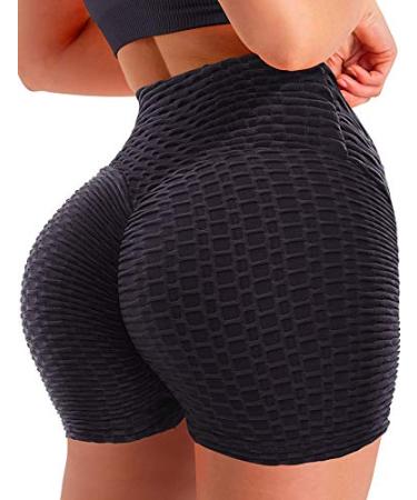 SEASUM Women Workout Shorts Brazilian Textured Booty Leggings Shorts Anti-Cellulite Scrunch Butt Lift #1 Honeycomb Texture Black Medium