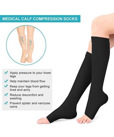 Buy Open Toe Flight Compression Stockings for Men & Women | 20-30 mmHg Graded Support Knee-High Calf Sleeves - Ideal for Travel & Pregnancy (M-Black) - Buy Online on GoSupps.com