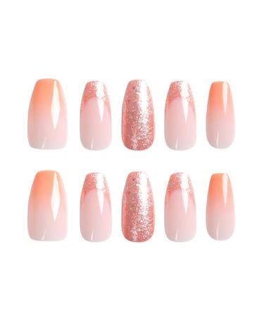 Orange Ombre Press On Nails - Short Medium Coffin Fake Nails with Glitter | 24Pcs Acrylic Ballerina False Nails for Women & Girls - Perfect for Weddings - Buy Online on GoSupps.com