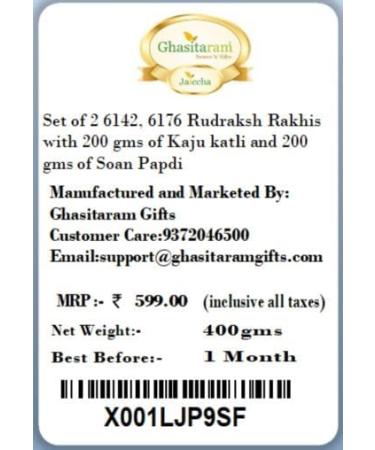 Ghasitaram Gifts Rakhi for Brother Rakhis Online - Set of 2 6142 6176 Rudraksh Rakhis with 200 GMS of Kaju katli and 200 GMS of Soan Papdi - Buy Online on GoSupps.com