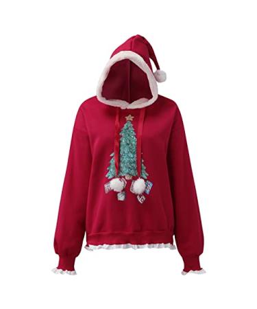 Christmas Halloween Sweatshirts for Women Pullover Loose Hooded Printed Long Sleeve Thick Warm Sweatshirt Tops Club Red Large