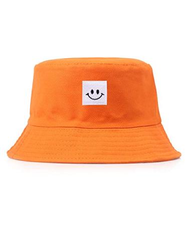 Ceoon Unisex Embroidered Smiley Face Bucket Hat Panama Cap Sun Prevent Hats Orange