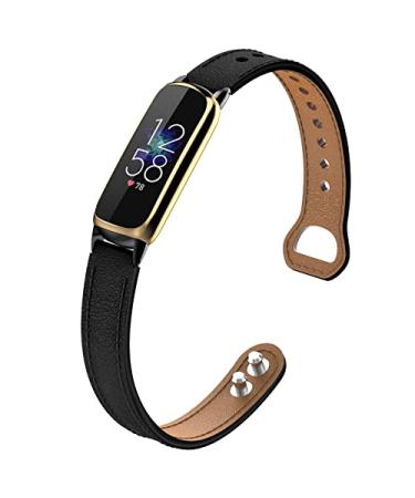 Wizvv Compatible with Fitbit Luxe Bands for Women, Elegant Slim Soft Leather Strap Wristband Bracelet Replacement for Fitbit Luxe Fitness Tracker Black+Black