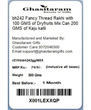 Ghasitaram Gifts Rakhi for Brother Rakhis Online - Set of 2 - Nbh242 Fancy Thread Rakhi with 100 GMS of Dryfruits Mix Can 200 GMS of Kaju katli 2 Rakhi & 100g Dryfruits Mix Can 200g Kaju katli - Buy Online on GoSupps.com