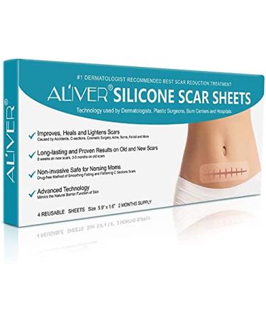 ALIVER Silicone Scar Removal Sheets Professional Remove Scar from Surgery Injury Burns Acne C-section and more Reusable Soft Silicone Scar Strips(5.9x1.6) 4 Pack 2 Month Supply