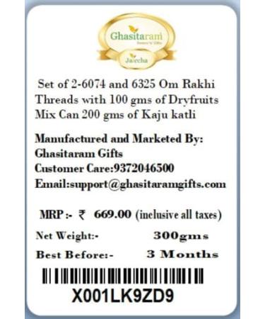 Ghasitaram Gifts Rakhi for Brother Rakhis Online - Set of 2-6074 and 6325 Om Rakhi Threads with 100 GMS of Dryfruits Mix Can 200 GMS of Kaju katli - Buy Online on GoSupps.com