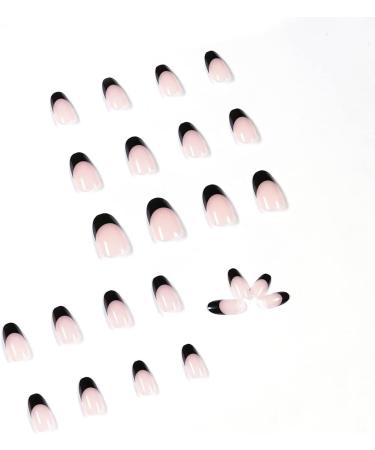 Justotry 24 Pcs Almond Short False Nails Glossy Black French Press on Nails - Oval Medium Stick on Nails with Nail Glue for Women's Nail Art - Buy Online on GoSupps.com