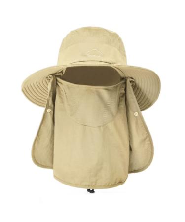 Szetosy network sun hat with a wide brim removable neck and face flap UPF 50 UV protection unisex outdoor hat for cycling fishing hiking boating gardening M-L Khaki