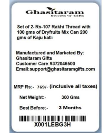 Ghasitaram Gifts Rakhis Online for Brother-Set of 2- Rs-107 Rakhi Thread with 100 GMS of Dryfruits Mix Can 200 GMS of Kaju katli 2 Rakhi & 100g Dryfruits Mix Can 200g Kaju katli - Buy Online on GoSupps.com