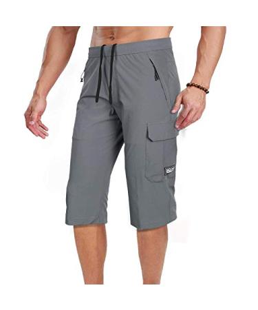 Men's Outdoor Hiking Shorts Quick Dry Stretchy 3/4 Capri Pants Cargo Shorts Male Grey Large