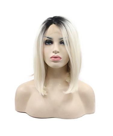 Platinum Blonde Ombr Lace Front Wig for Women | Short Smooth Bob Hairstyle with Dark Roots - 35.6 cm - Buy Online on GoSupps.com
