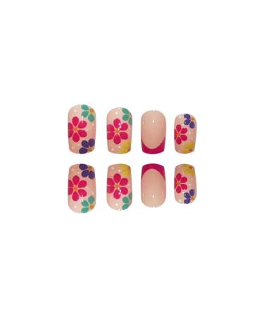 24 Pcs Medium Square French Fake Nails | Acrylic Colorful Flower Designs | Glossy Full Cover False Nails | Manicure Decorations for Women and Girls - Buy Online on GoSupps.com