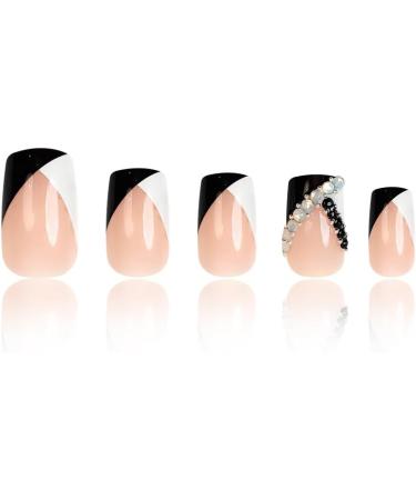 French Tip Press on Nails - Short Square Press On Nails with Nail Tips Black and white French Glitter Rhinestones fake nails press on nails Acrylic False Nails Cute Artificial Nails - Buy Online on GoSupps.com